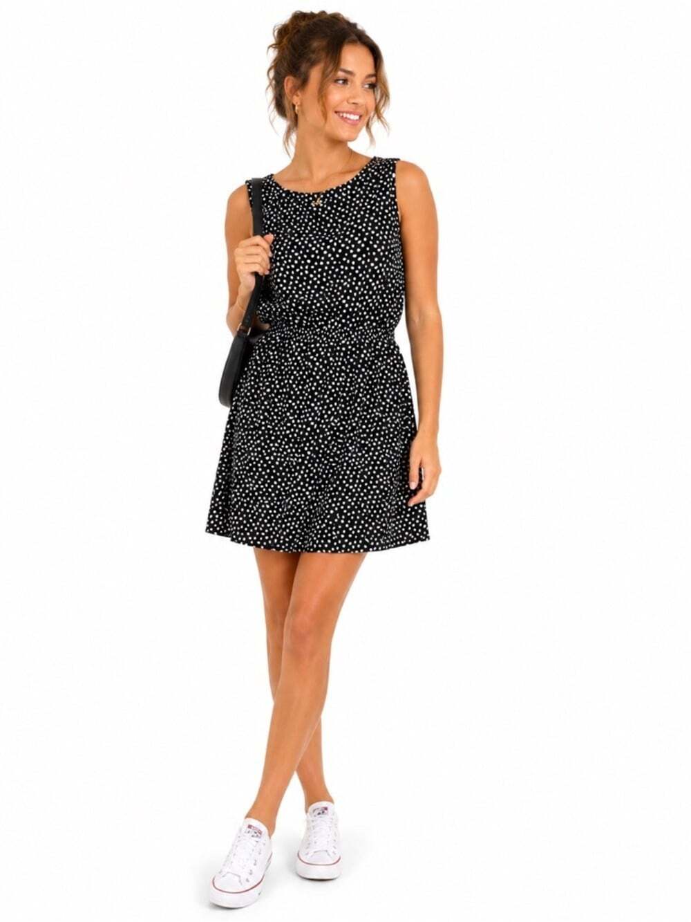 CAtherine Malandrino Black White Polka Dot Midi Dress Scoop Neck Sleeveless Med